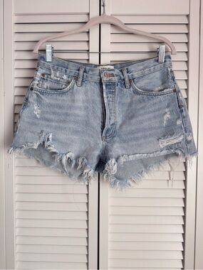 AGOLDE Parker Distressed Cut Off Jeans Shorts Blue Raw Hem Festival Size 28